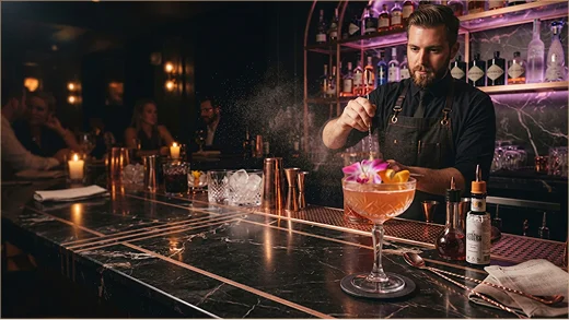 Un bartender professionnel préparant un cocktail raffiné décoré d'une fleur comestible derrière un comptoir en marbre.