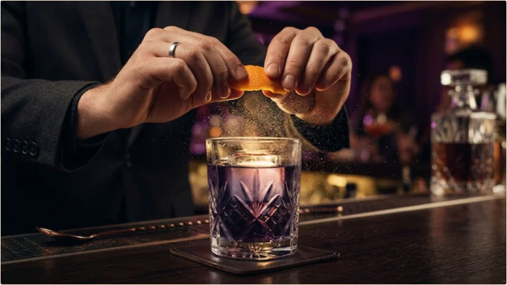 Un bartender exprimant un zeste d'orange au-dessus d'un verre de cocktail artisanal dans un bar sombre et élégant.