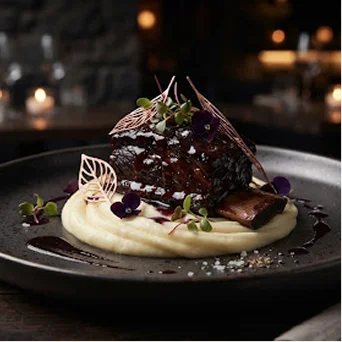 Côte de bœuf braisée nappée de sauce sur une mousseline de pommes de terre, garnie de fleurs comestibles.