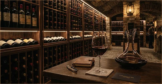 Une cave à vin voûtée en briques remplie de bouteilles sur des étagères, avec une carafe et un verre de vin rouge sur une table.