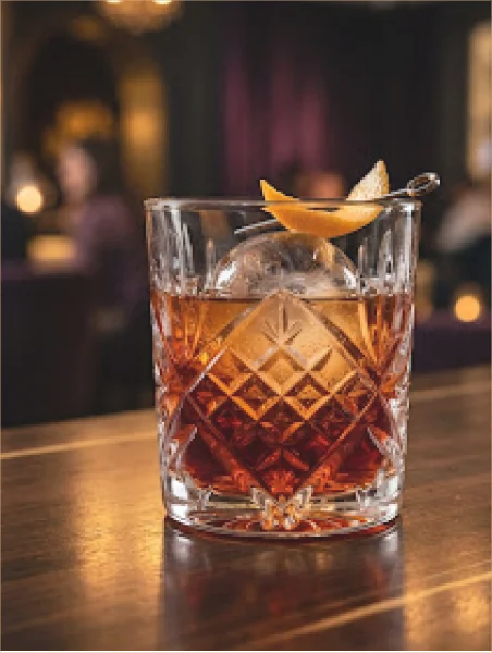 Verre de cocktail en cristal posé sur un comptoir en bois dans un bar d'ambiance tamisée avec des clients flous à l'arrière-plan.