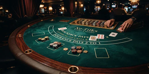 Un croupier distribuant des cartes sur une table de blackjack en velours vert couverte de jetons de jeu.