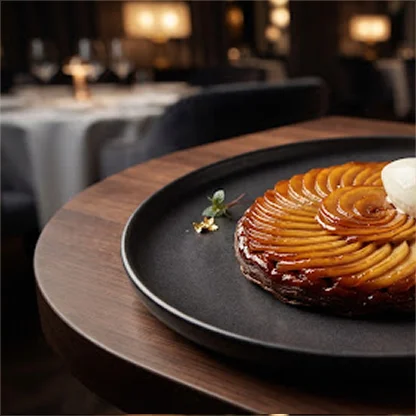 Tarte Tatin aux pommes caramélisées finement tranchées, servie avec une boule de glace à la vanille.