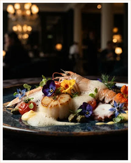 Plat gastronomique de fruits de mer composé d'une langoustine, de coquilles Saint-Jacques et de fleurs comestibles.