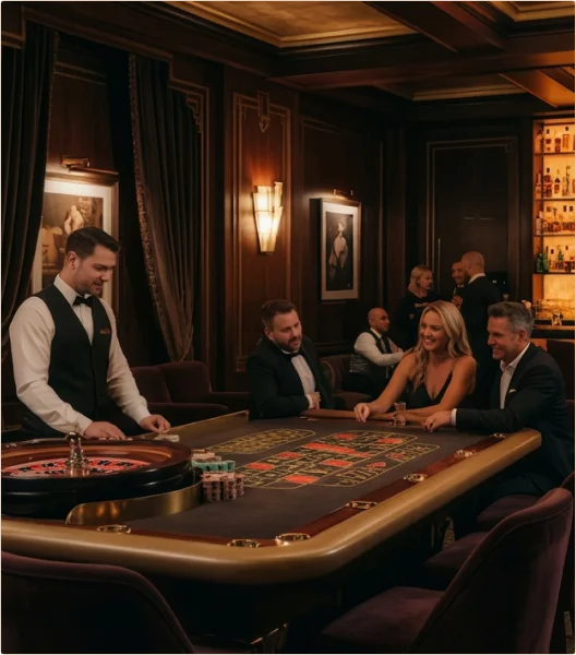 Des invités élégants jouant autour d'une table de roulette dans un salon de casino haut de gamme au décor chaleureux.