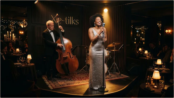 Une chanteuse de jazz en robe étincelante et un contrebassiste se produisant en direct sur la scène d'un club intime.