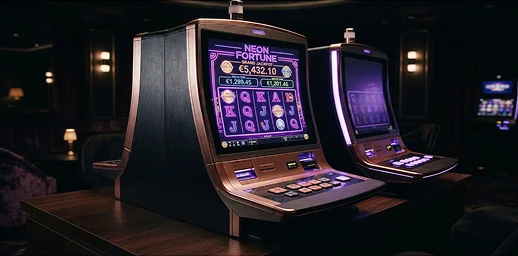 Deux machines à sous modernes aux écrans lumineux violets alignées dans une salle de casino élégante.