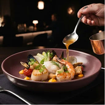 Soupe gastronomique aux fruits de mer garnie de crevettes, coquilles Saint-Jacques et moules, arrosée de bouillon chaud.